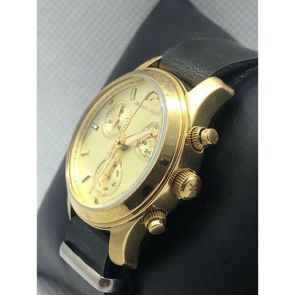 Michael Kors MK5384 Unisex Black Leather Analog Gold Dial Genuine Watch BP38 - Picture 2 of 8